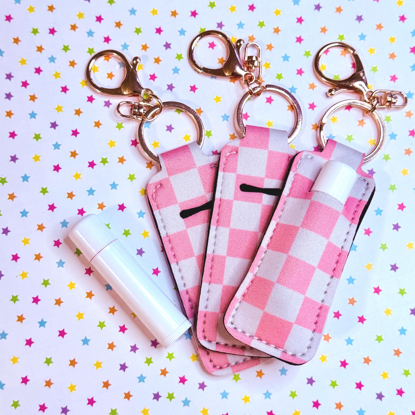 Lip Balm Keychain Holder - Pink Checkered