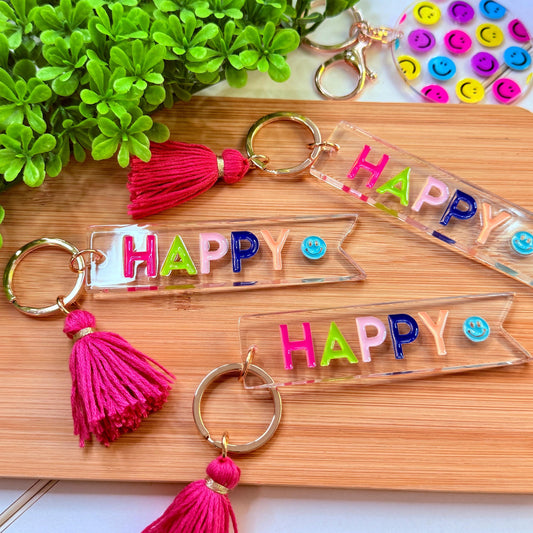 HAPPY Acrylic Keychain with Tassel