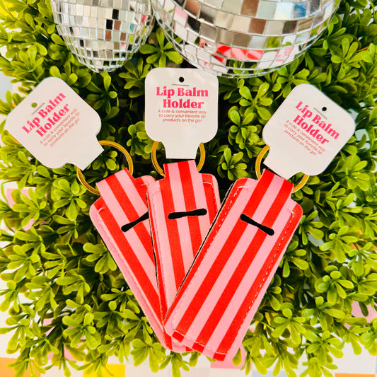 Pink and Red Stripe Lip Balm Holder Keychain
