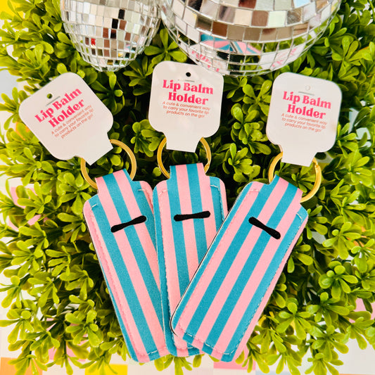 Pink and Blue Stripe Lip Balm Holder Keychain