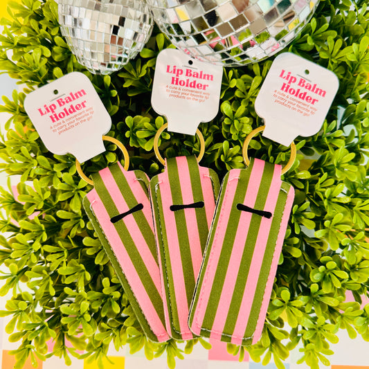 Pink and Green Stripe Lip Balm Holder Keychain