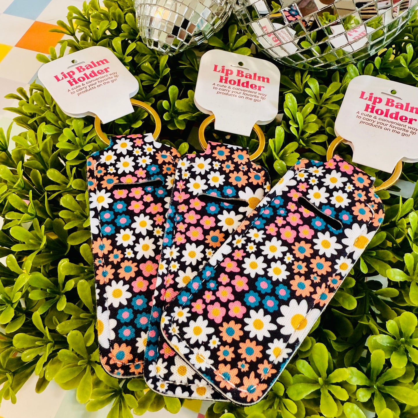 Floral Stripe Lip Balm Holder Keychain