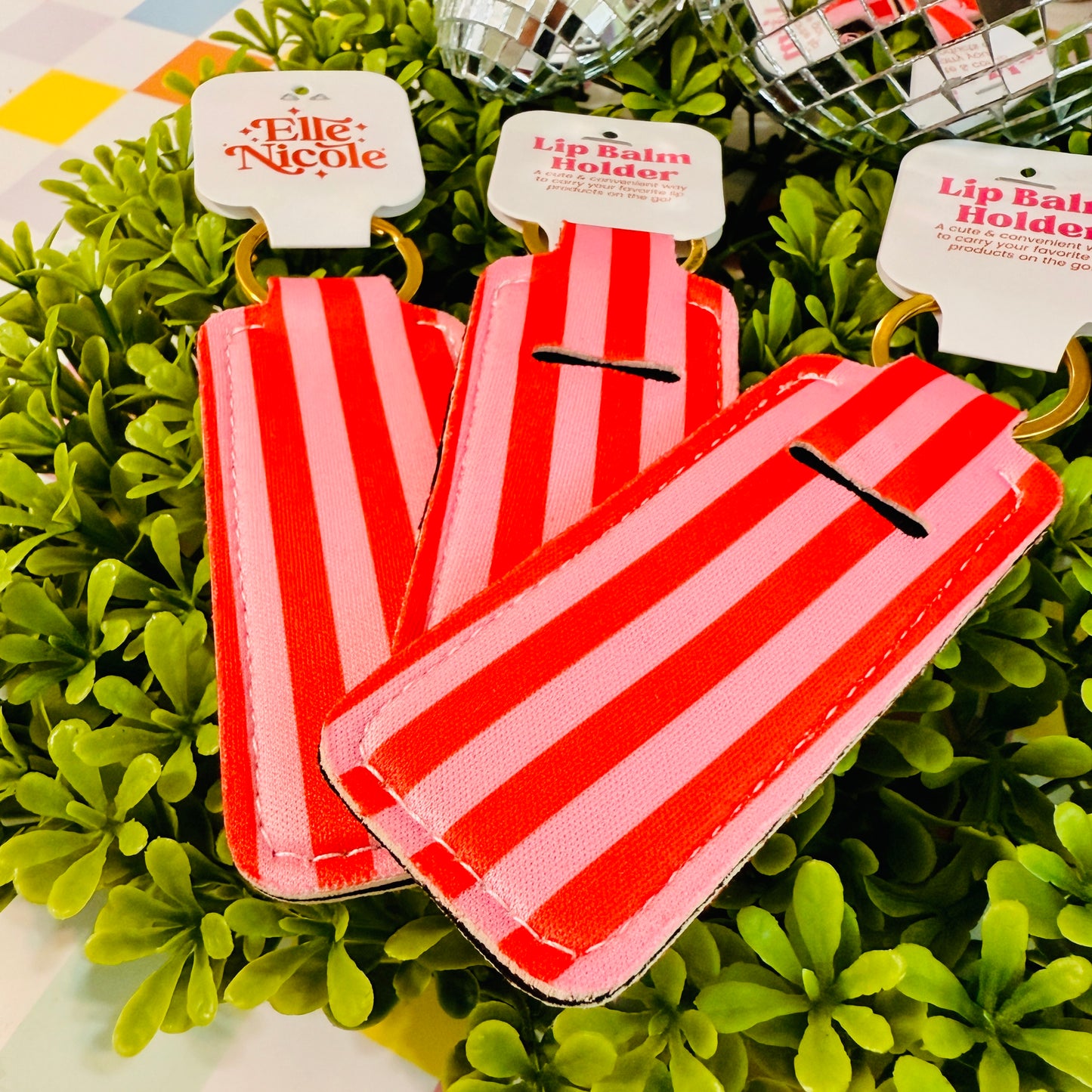 Pink and Red Stripe Lip Balm Holder Keychain