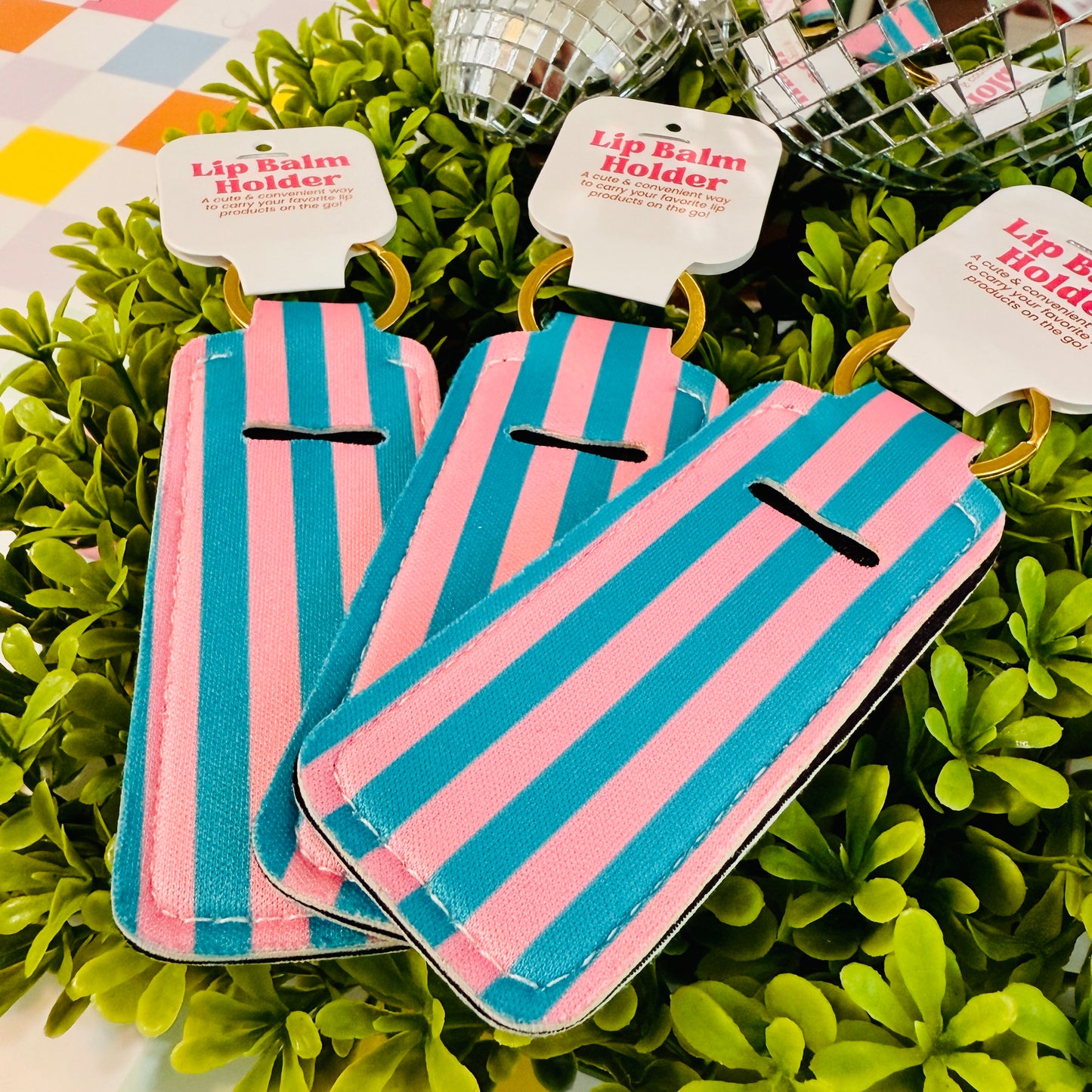 Pink and Blue Stripe Lip Balm Holder Keychain