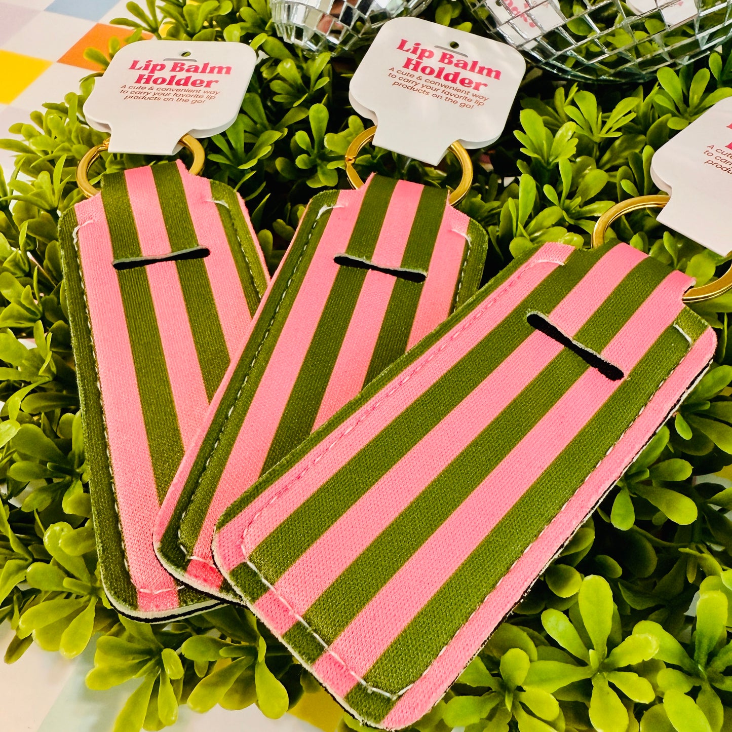 Pink and Green Stripe Lip Balm Holder Keychain