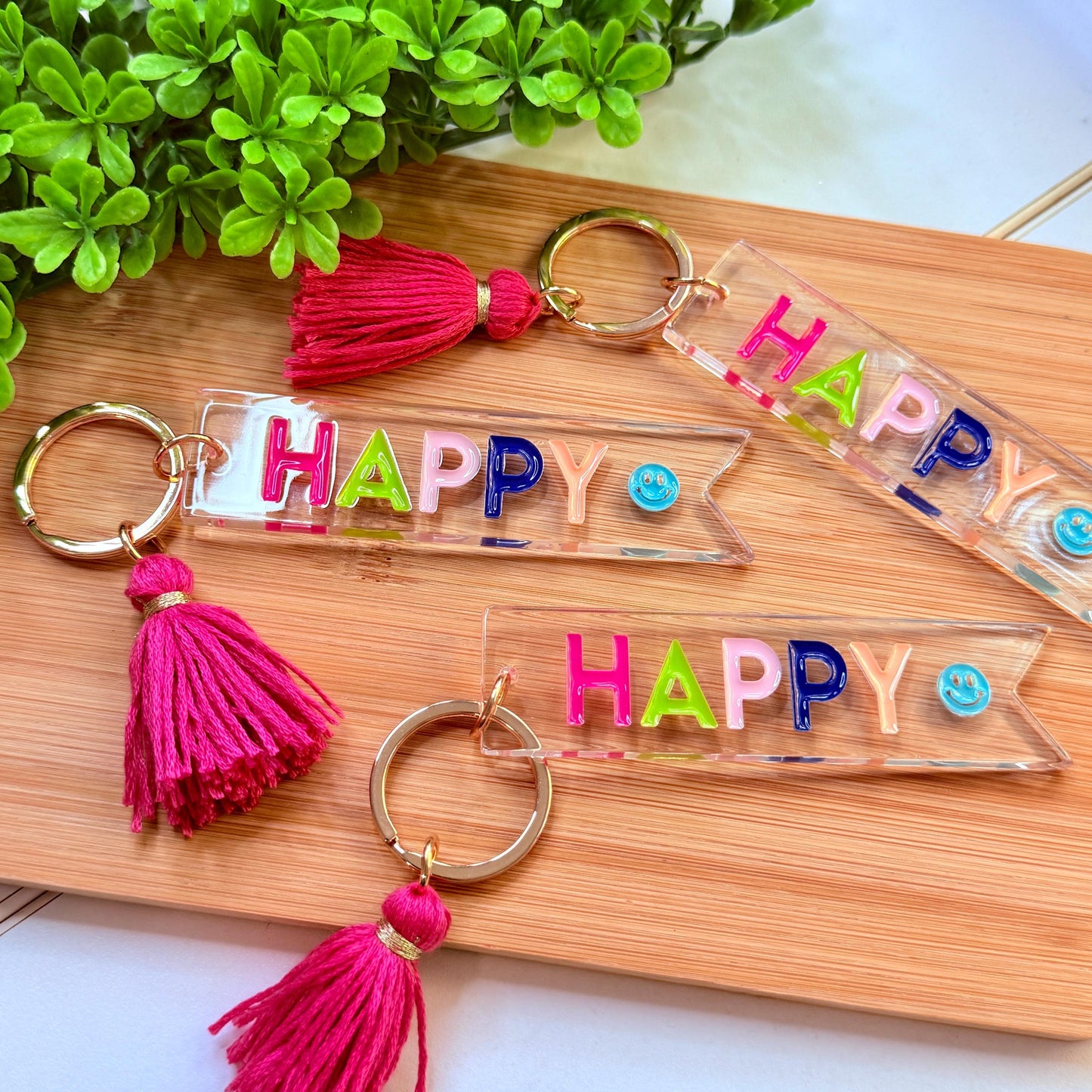 HAPPY Acrylic Keychain with Tassel