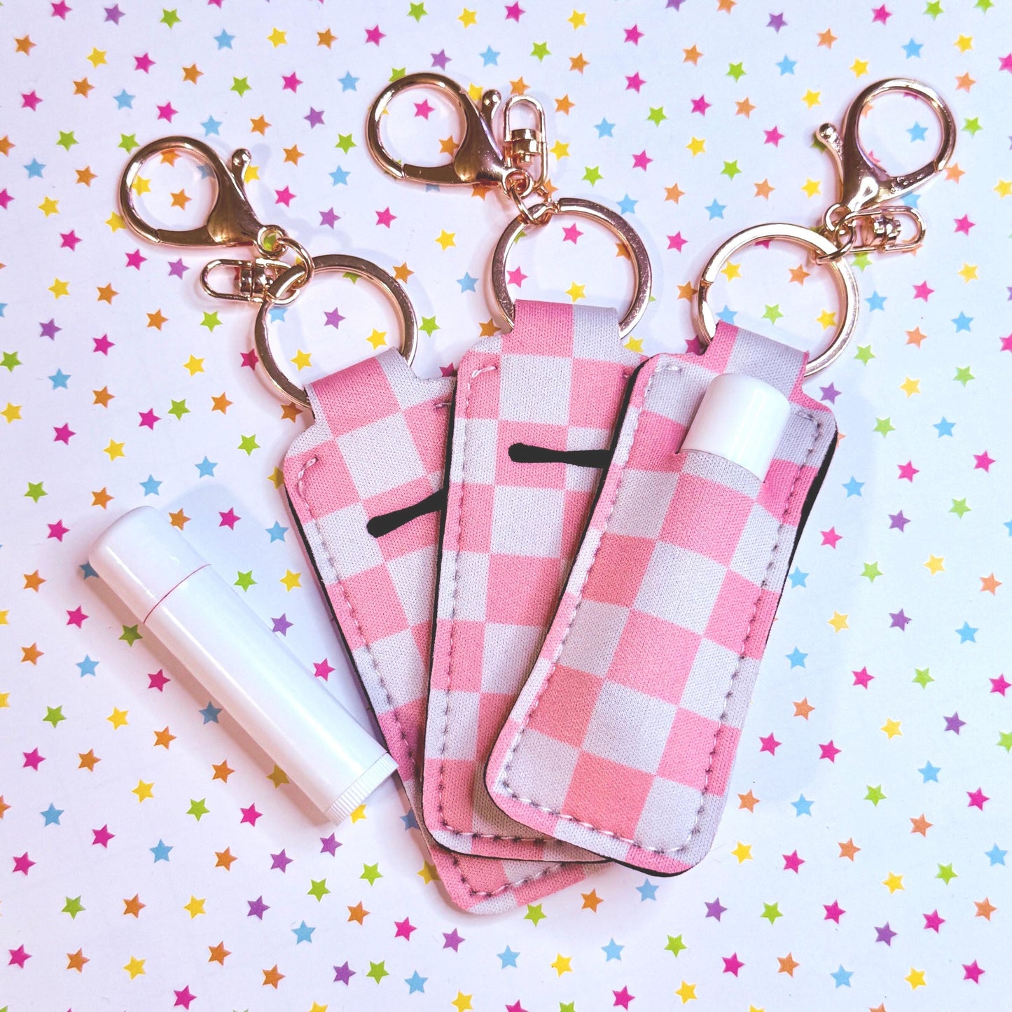 Lip Balm Keychain Holder - Pink Checkered