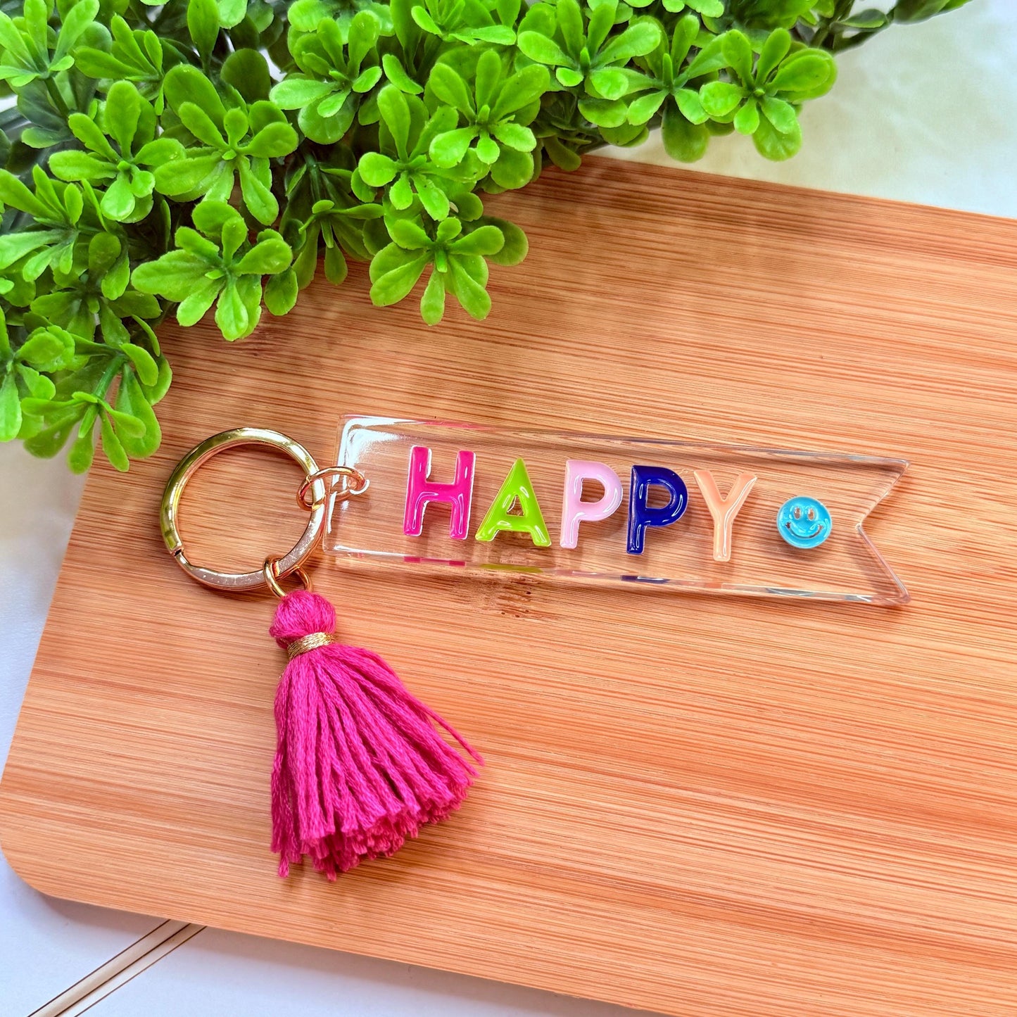 HAPPY Acrylic Keychain with Tassel