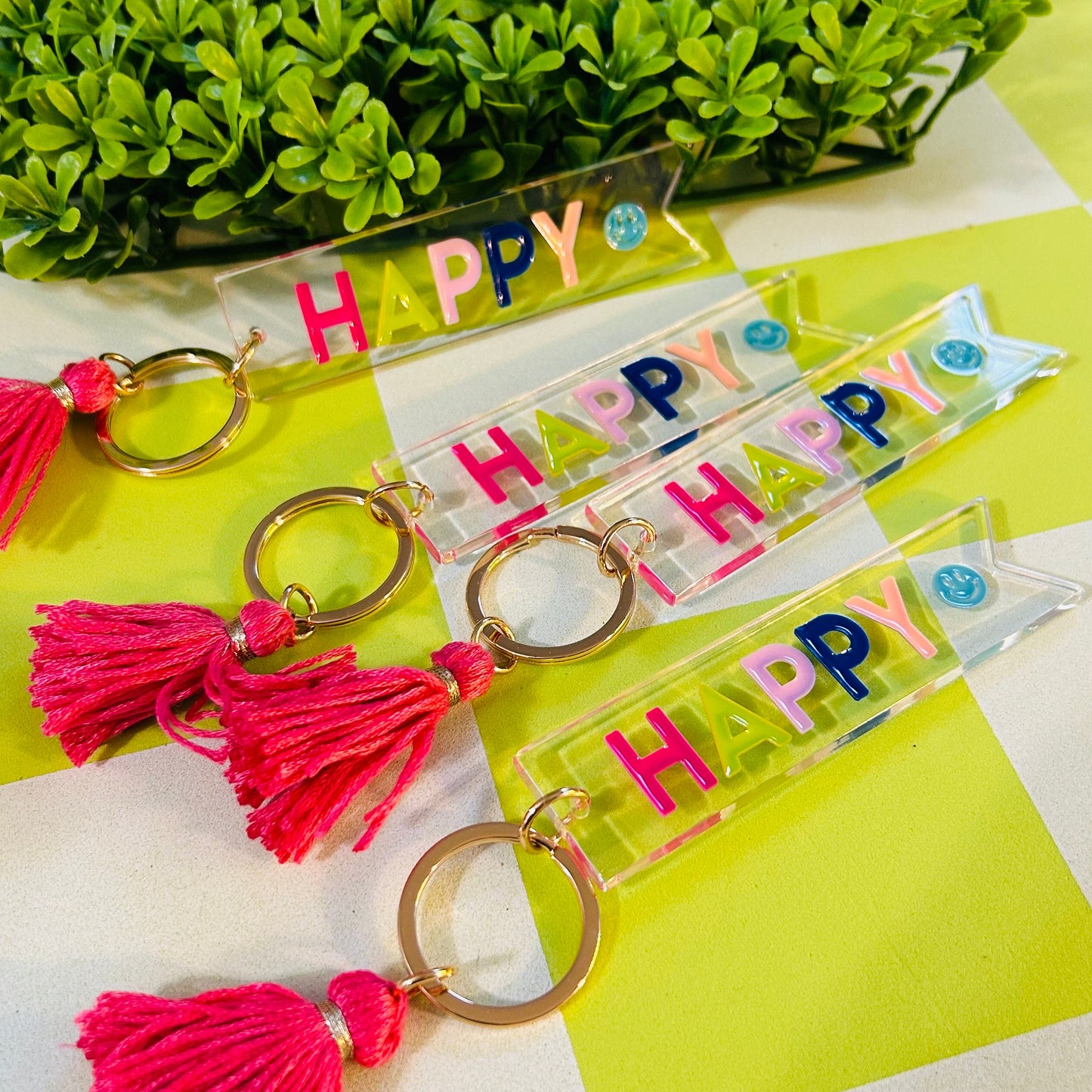 HAPPY Acrylic Keychain with Tassel