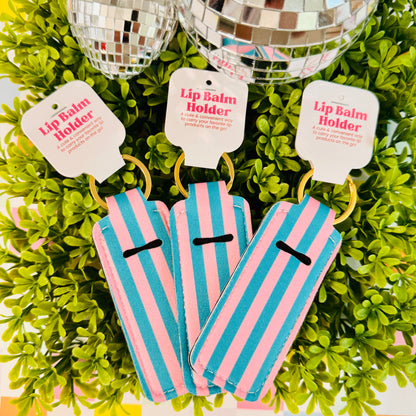 Pink and Blue Stripe Lip Balm Holder Keychain