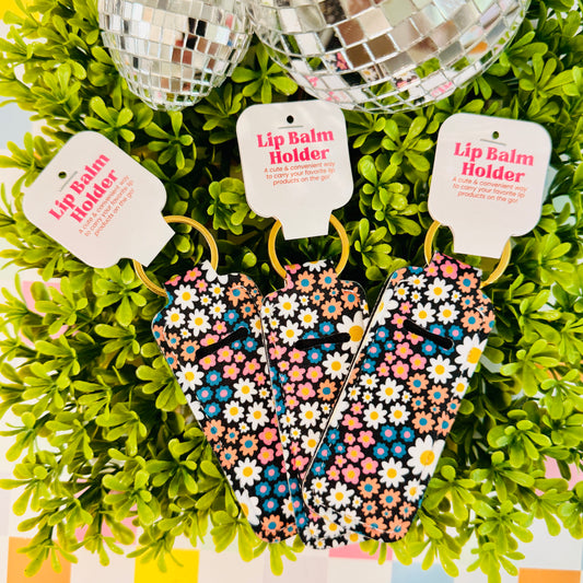 Floral Stripe Lip Balm Holder Keychain