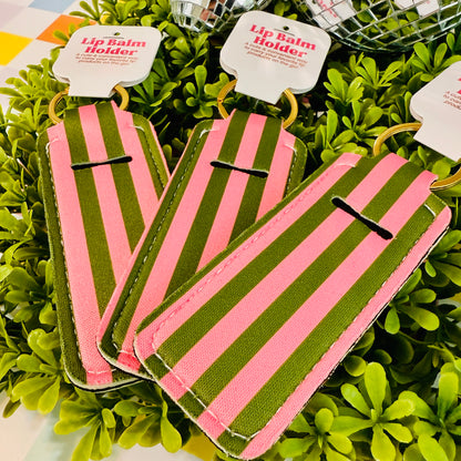 Pink and Green Stripe Lip Balm Holder Keychain