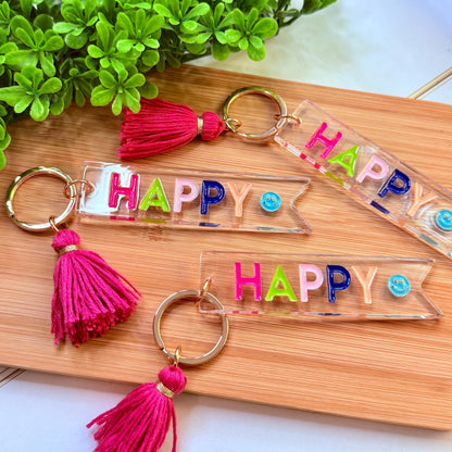 HAPPY Acrylic Keychain with Tassel